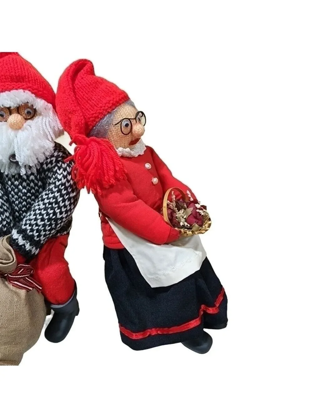 Vtg set Mr. & Mrs. Klaus handmade crochet one of a kind figures sitting on a log